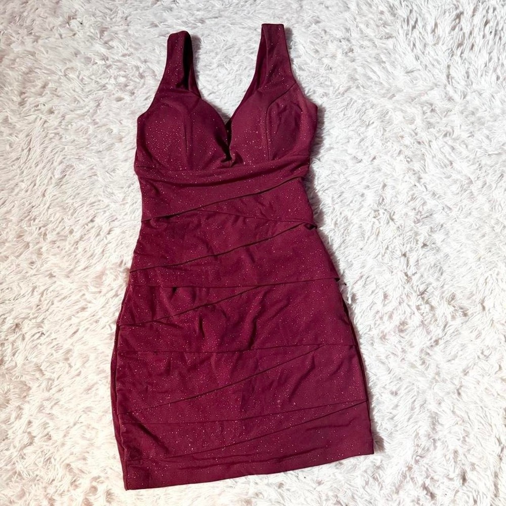 Burgundy Ruched Glam Hoco Formal Dance  Sparkle Cocktail Bodycon Dress Womens S